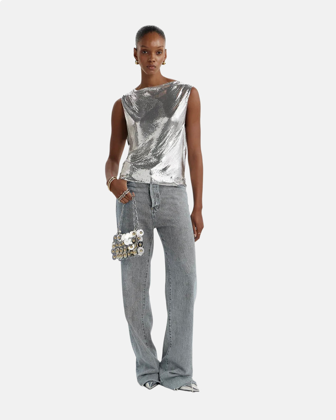 Nano Sparkler Stud Detailed Shoulder Bag Silver/Gold