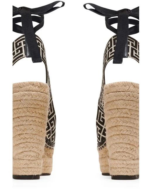 Balmain Women Alex Monogram Jacquard And Leather Espadrilles Ivory/Black
