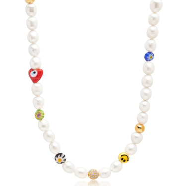 Nialaya Men's Smiley Face Pearl Choker With Assorted Beads