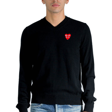 Comme Des Garcons Play Double Red Heart Logo V-Neck Sweater Black