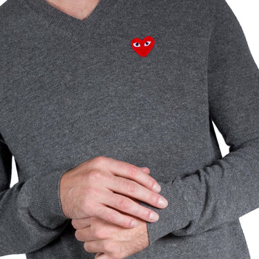 Comme Des Garcons Play Red Heart Logo V Neck Sweater Grey