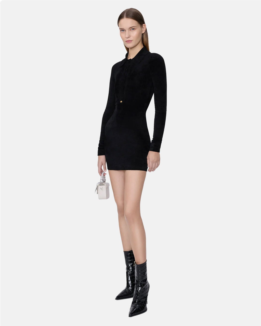 Ma Velvet Ls Button Down Dress Black