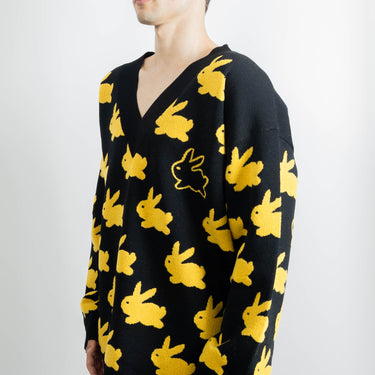 JW Anderson Bunny V Neck Jumper In Black/Yellow