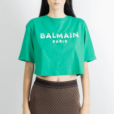 Balmain Women Cropped Balmain Paris T-shirt Green