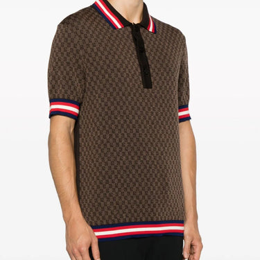 Balmain Monogram-Pattern Merino Polo Shirt Brown