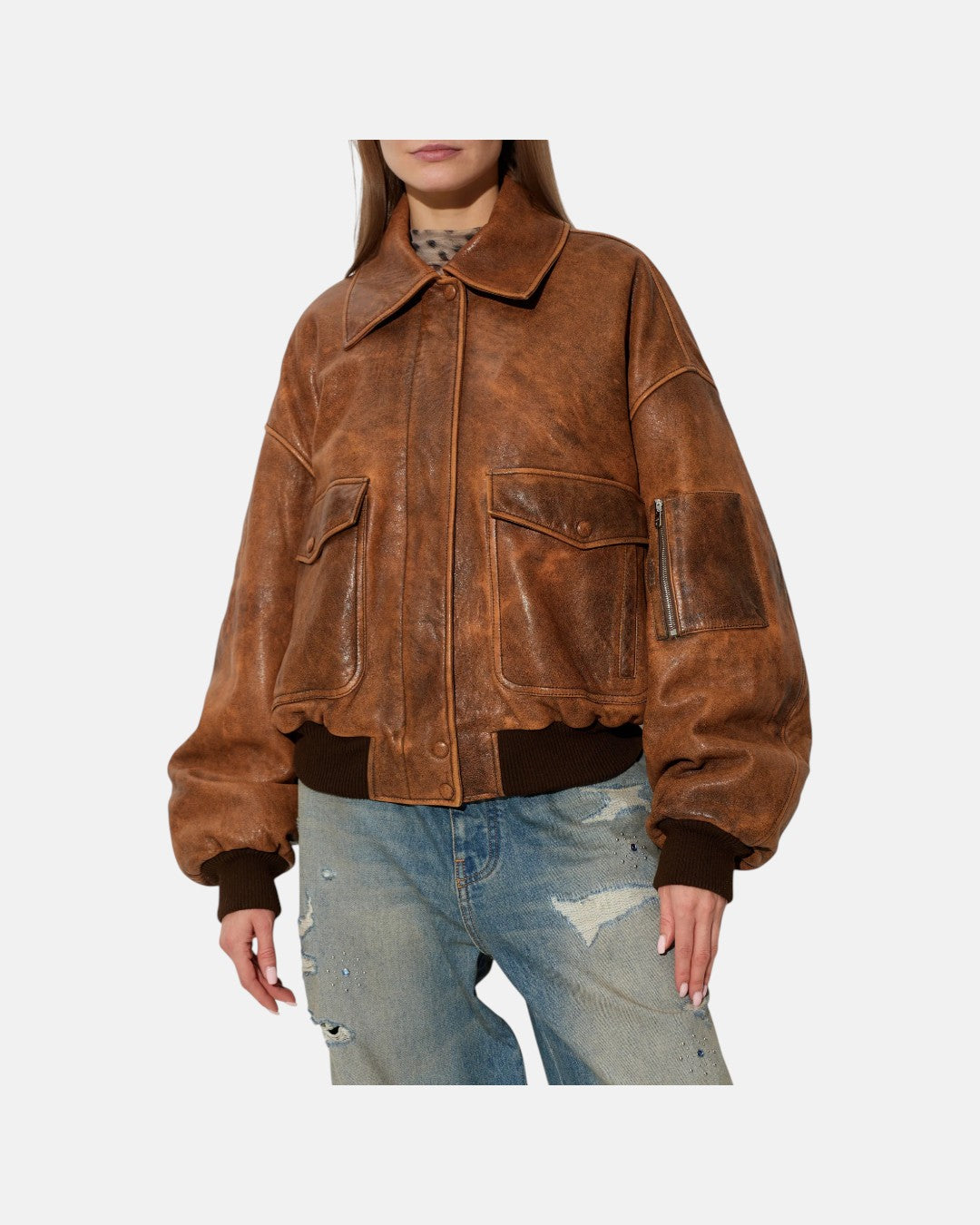 Leather Bomber Jacket Dark Ginger
