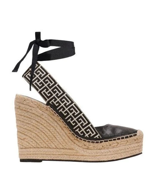 Balmain Women Alex Monogram Jacquard And Leather Espadrilles Ivory/Black