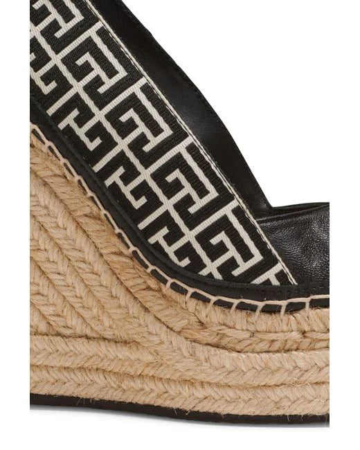 Balmain Women Alex Monogram Jacquard And Leather Espadrilles Ivory/Black