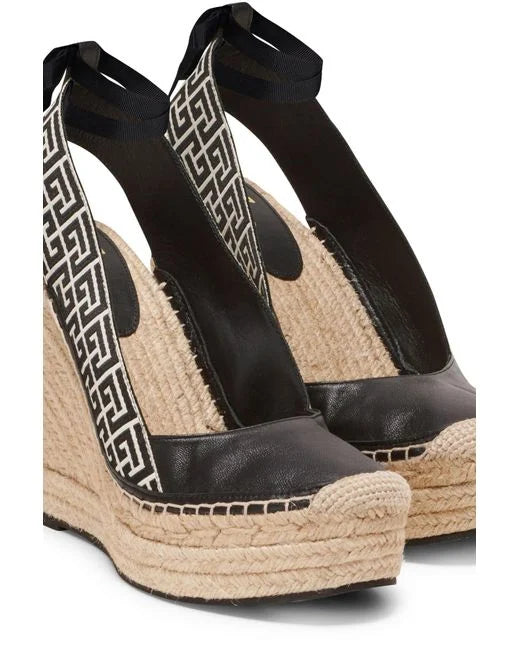 Balmain Women Alex Monogram Jacquard And Leather Espadrilles Ivory/Black