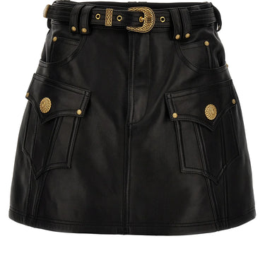 Balmain Women Western Leather A-Line Skirt Black