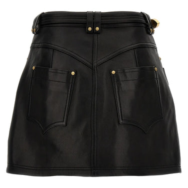 Balmain Women Western Leather A-Line Skirt Black