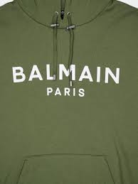 Balmain Logo Printed Drawstring Hoodie Khaki
