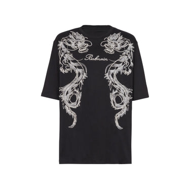 Balmain Embroidered Dragon T-Shirt With Rhinestones Black