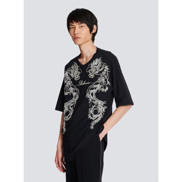 Balmain Embroidered Dragon T-Shirt With Rhinestones Black