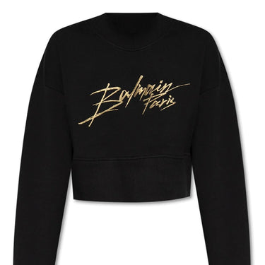 Balmain Women Logo Printed Cropped Sweatshirt Black/gold