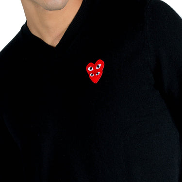 Comme Des Garcons Play Double Red Heart Logo V-Neck Sweater Black