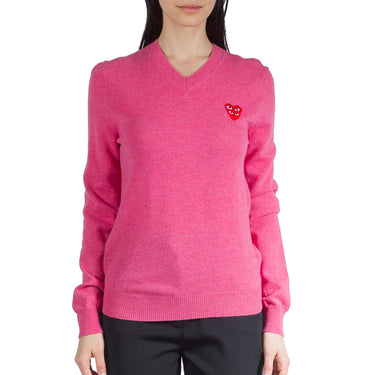 Comme Des Garcons Play W Double Red Heart Logo V Neck Sweater Pink